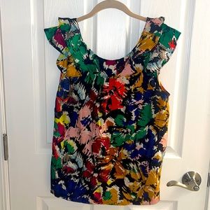 JCREW Colorful Brushstroke Silk Ruffle Neck Sleeveless Top